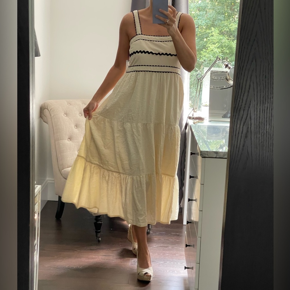 New! 100% cotton Cream Maxi Thin Strap Dress with Black Design Accents size L